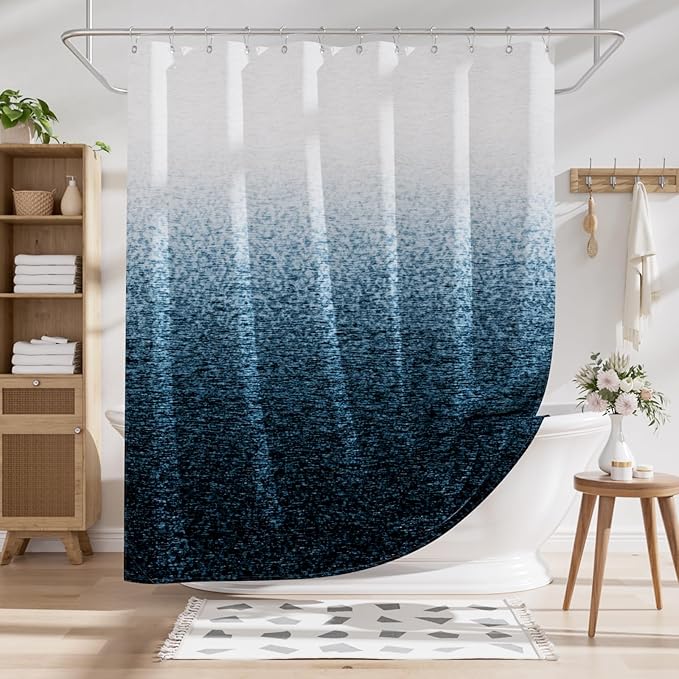 AmazerBath Shower Curtain Blue, Washable Cloth Ombre Shower Curtain Sets with 12 Metal Shower Curtain Hooks, Rustic Waterproof Dark Sea Blue Farmhouse Shower Curtains for Bathroom Decor, 72x72 Inches