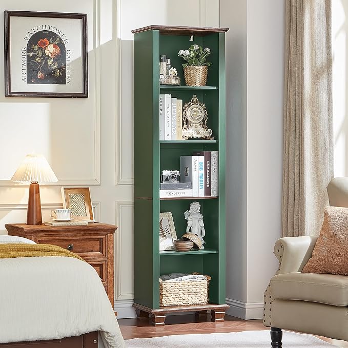 SAVOR LIFE Narrow Green Book Shelf, 70" Tall Skinny Bookshelf with Adjustable Shelves & Wooden Legs, Farmhouse Wood Bookcase w/5-Tier Open Storage, Free Standing Book Case for Office, Living Room