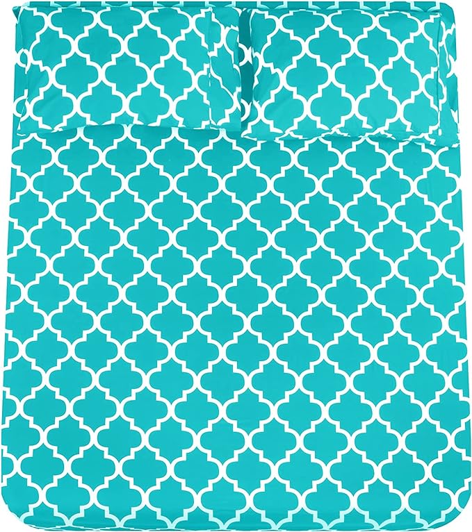 Mejoroom King Bed Sheet Set - Super Soft Brushed Microfiber 1800 Thread Count Sheets with 15 inch Deep Pocket - Wrinkle Free - 4 Piece(Aqua Quatrefoil with White Pattern)
