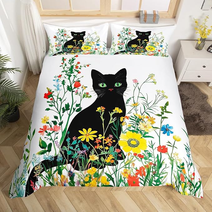 Erosebridal Cute Cat Toddler Bedding Set Vintage Flowers Duvet Cover Colorful Floral Garden Comforter Cover for Kids Girls Boys Adults Elegant Chic Animal Bed Set