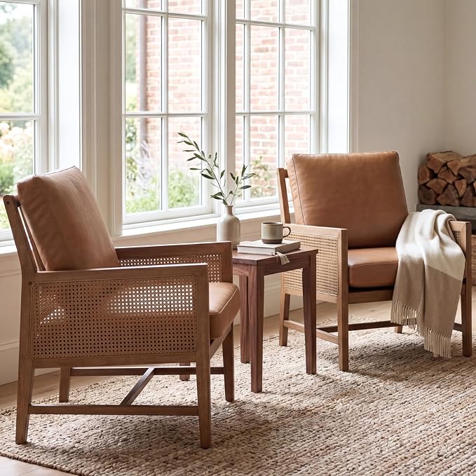 chairus Mid-Century Modern Accent Chairs Set of 2, Comfy Faux Leather Upholstered Armchairs with Cane Armrests & Slat Back, Solid Wood Rattan Reading Chairs for Living Room Bedroom Guest Room