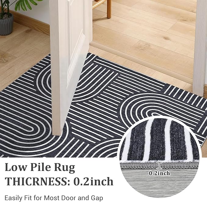 Washable Rug 10x13 Area Rugs for Living Room, Abstract Rug for Bedroom, Soft Rainbow Rugs with Rubber Back, Low Pile Stain Resistant Boho Geometric Rug for Dining Room, Black