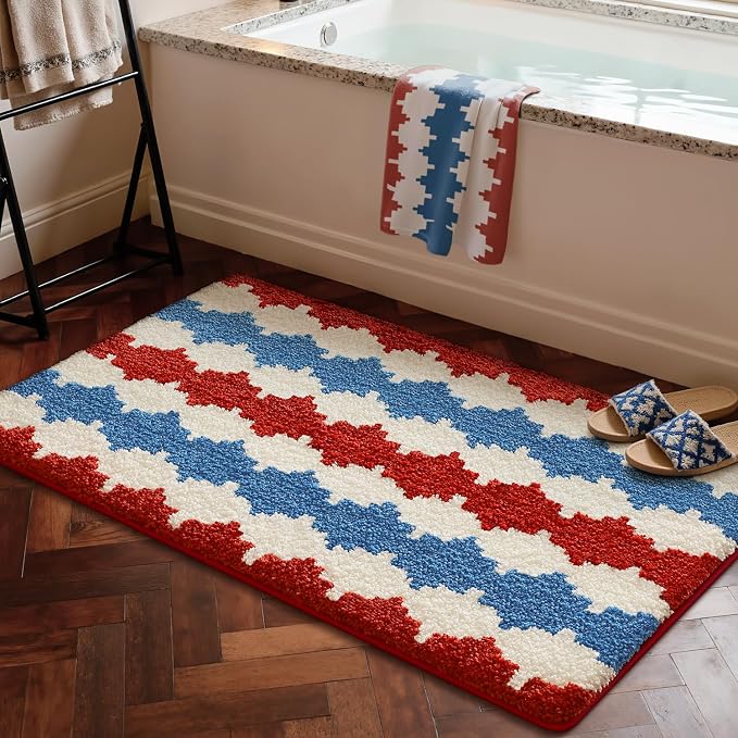 LUMI Bathroom Rugs with Wave, Soft Absorbent Bath Mat for Modern Home Decor, Non-Slip Quick-Dry Bath Rug, Machine Washable Floor Mat for Shower and Tub, Entryway, 24"x36", Azure Wave