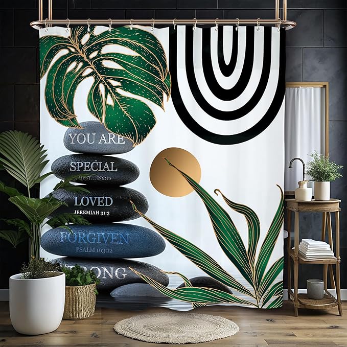 Miyotaa Abstract Zen Spa Shower Curtain Set 60Wx71H Inches Minimalist Bible Meditation Modern Aesthetic Contemporary Green Plant Leaves Monstera Neutral Waterproof Bathroom Curtain 12 Hooks