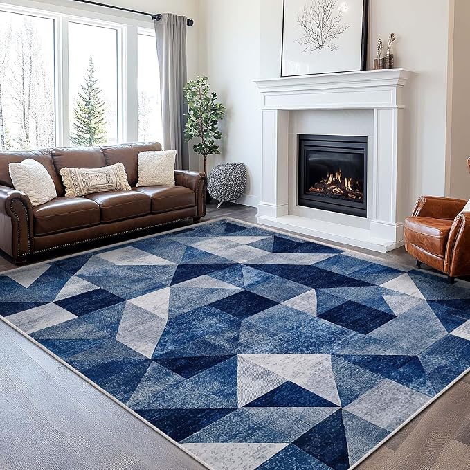 9x12 Navy Blue Area Rug Modern Geometric Blue White Beige Bedroom Rug Soft Low Pile Thin Large Carpet Living Room Non Slip Dining Room Stain Resistant Office Washable Machine