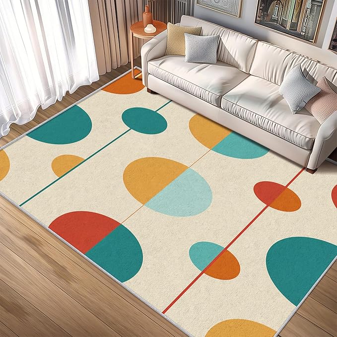 Mid Century Modern Rugs for Bedroom - Washable Colorful Retro Rugs for Living Room - 6x6 ft - Geometric Design Area Rug & Home Decor - Abstract MCM Indoor Carpet with Non Slip Backing