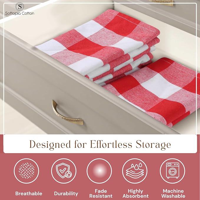Red Buffalo Check Plaid Kitchen Towels, 12 Pack, 100% Cotton, 16x26 Inches, Super Absorbent, Quick Dry, Soft, Lint-Free, Dish Drying & Cleaning Towels with Hanging Loop, Red and White