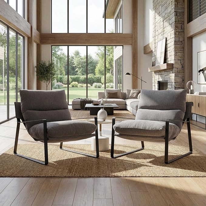 LukeAlon Modern Linen Accent Armchair, Upholstered Living Room Chair with Metal Base Thickened Cushion Single Sofa Chair Comfy Lounge Chair for Bedroom Living Room, Grey