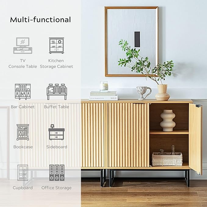 Fluted Storage Cabinets Set of 3, Sideboard Buffet Cabinets with Adjustable Shelves, Modern Accent Credenza, Console Table Entryway Cabinet for Living Room, Natural Oak