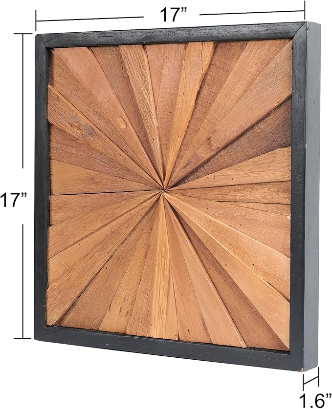 Warmaxx Rustic Teak Wood Framed Wall Décor Aesthetic 17" x 17" Farmhouse Wall Art Christmas Decoration Home Office Dorm Square Handmade Sunrise Pattern Wooden Wall Décor Living Room Bedroom Hallway
