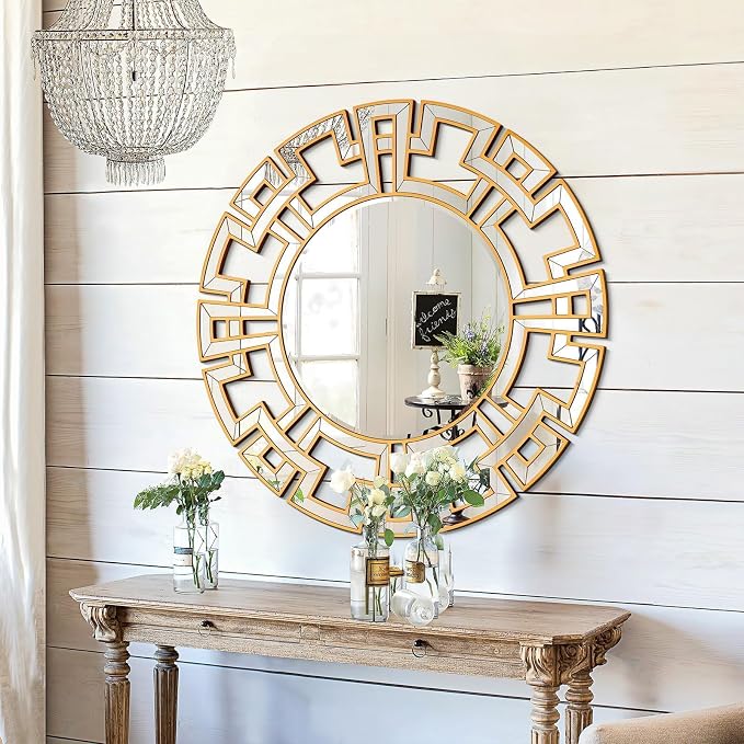 Chende Large Gold Mirrors for Decor, 44'' Round Wall Mirrors for Dining Room Entryway, Elegant Decorative Mirror with Wooden Frame for Living Room, Bedroom, Fireplace