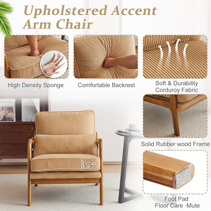 VINGLI Upgraded Premium Corduroy Accent Chairs Set of 2,Upholstered Arm Chair,Solid Wood Comfy Reading Chair with Lumbar Pillow, Mid Century Modern Chairs for Living Room,Bedroom,Khaki