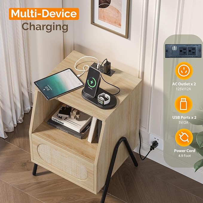 VINGLI Rattan Nightstand with Charging Station, Boho Nightstand Bedroom, Wood End Table with Drawers, Small Night Stand, Real Rattan Bed Side Table, 17.56" W x 15.75" D x 23.46" H