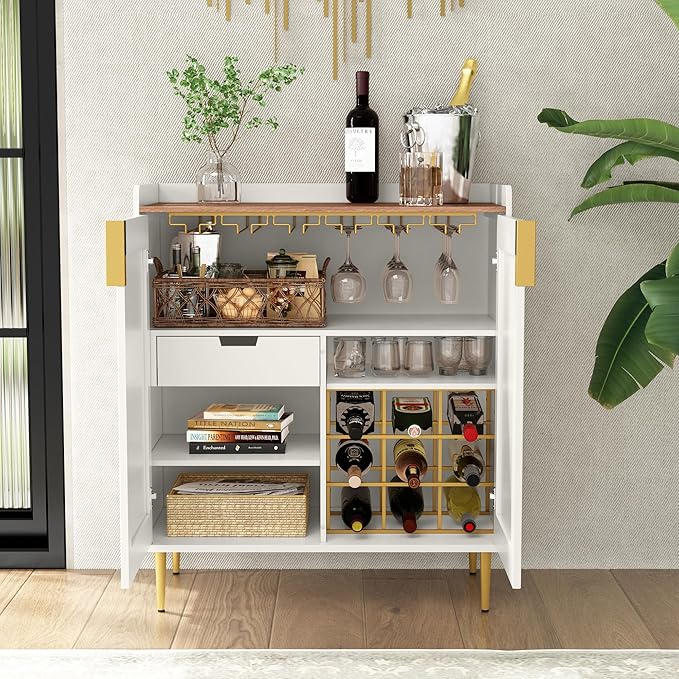 ARTPOWER Wine Bar Cabinet with Fluted Texture, Modern Coffee Cabinet with Wine Rack&Glass Holder, White Kitchen Buffet Sideboard, Freestanding Liquor Cabinet for Dining Room Living Room