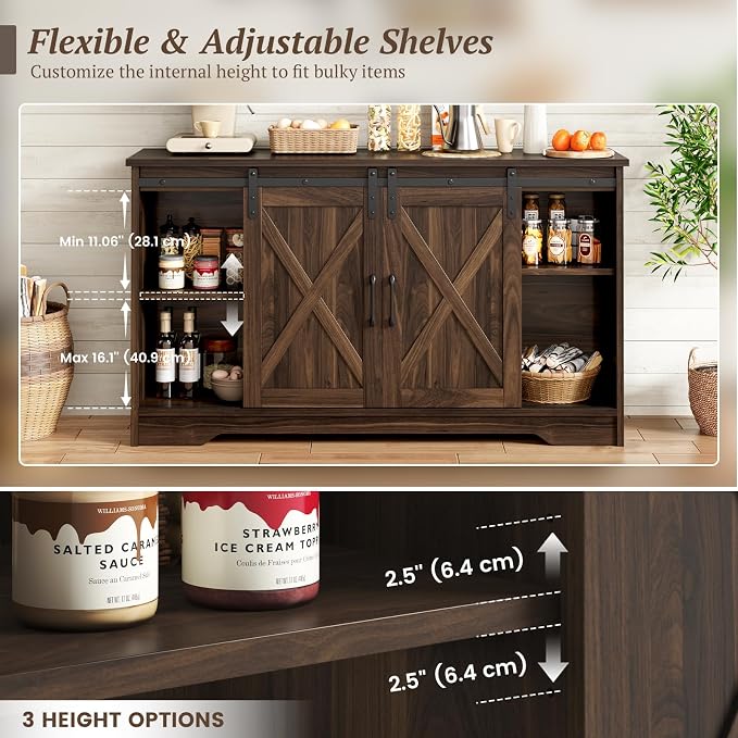 Luoxiao Farmhouse Sideboard Buffet Cabinet with Storage, 110 Inch Large Kitchen Cabinet with 4 Drawers & Sliding Barn Doors, Rustic Coffee Bar Cabinet for Dining Room, Living Room Dark Oak, 2 PCS