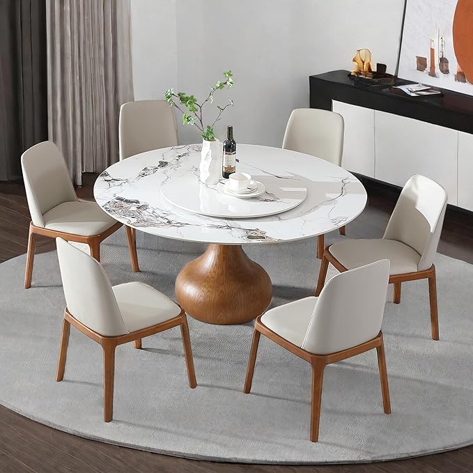 Marble Dining Table, 59" Round Sintered Stone Table with 6 Chairs for Dining Room, Kitchen, Dinette, Compact Space with Lazy Susan