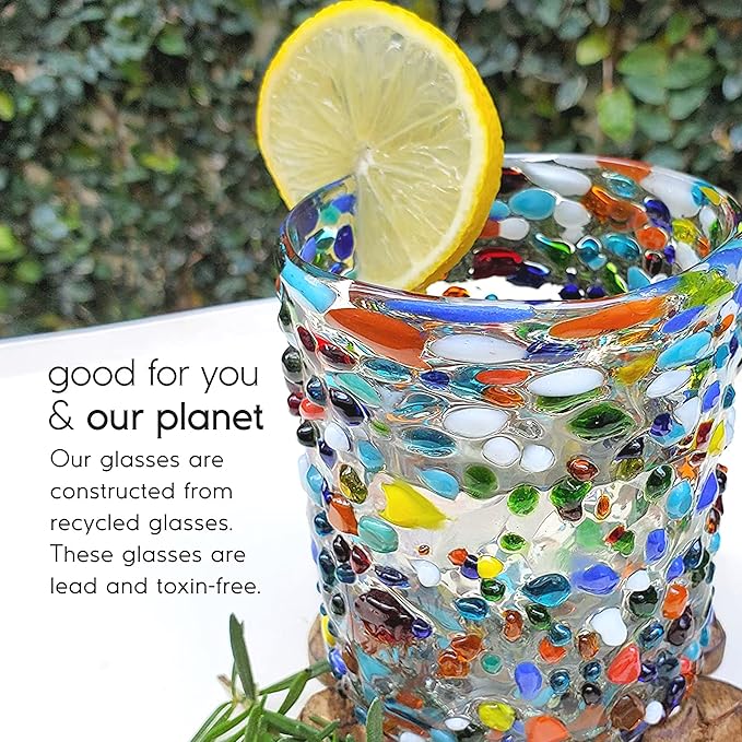 Confetti Rocks 10 oz Tumbler Glasses (set of 6) Mexican Handmade Multicolor Glassware, Recycled Glass, Lead-free, Toxin-Free (Tumbler)