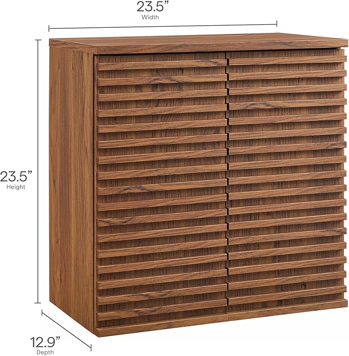 Modway Render Bathroom Cabinet Set in Walnut - Freestanding Linen Cabinet and Wall Mounted Storage with Slatted Doors, Adjustable Shelves