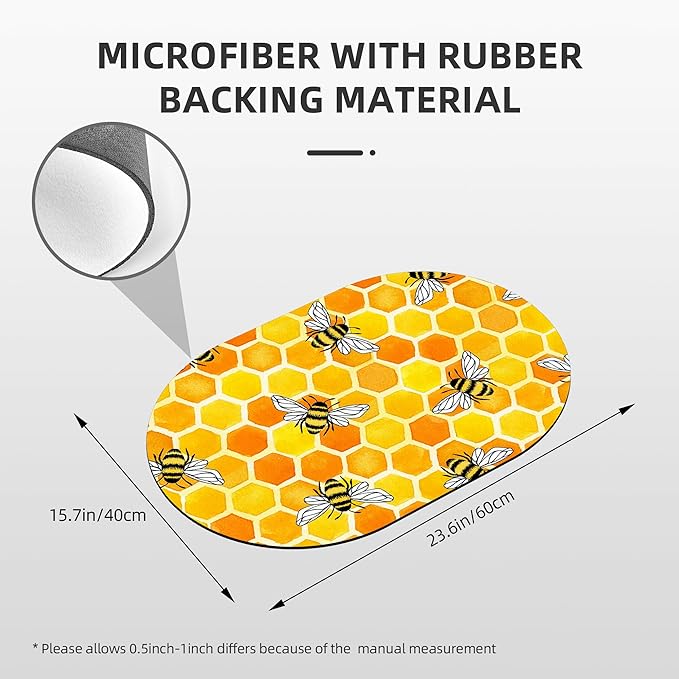Diatomaceous Mud Bath Mat Yellow Honeycomb and Bees Oval Soft Wrinkle Free Bathroom Floor Rugs Non-Slip Super Absorbent Fast Drying Bath Rug for Bathroom Kitchen Door Mat 23.6x15.7 Inches