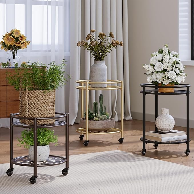 2 Tier Rolling Plant Stand with Wheels, Mid Century Modern Metal Stand for Planters, 2 Sizes 9 Inch & 11 Inch, Indoor Outdoor Movable Flower Pot Holder for Decor Home Garden Patio Load Bearing 165 LB 2 Pack Gold