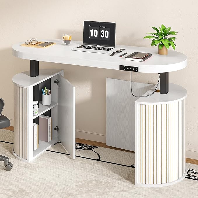 Mid Century Modern Electric Standing Desk with Storage, 55 x 22 Inch Small Sit Stand Up Desk, Wood Adjustable Height Computer Executive Desk for Home Office, Laptop, White