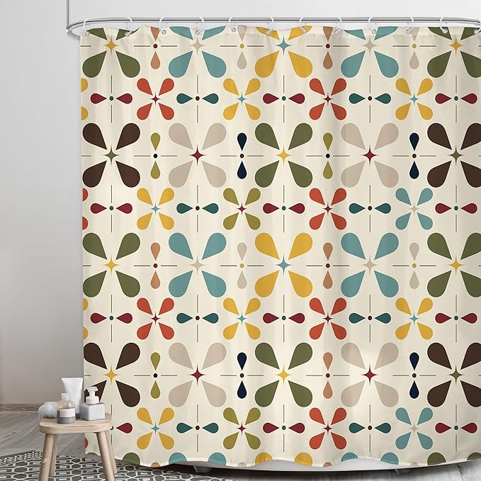 LGhtyro Boho Mid Century Shower Curtain Bathroom Set 71Wx71H Inches Modern Abstract Bohemian Vintage Colourful Geometric Retro Bath Accessories Water Drop Art Home Decor Fabric 12 Pack Hooks