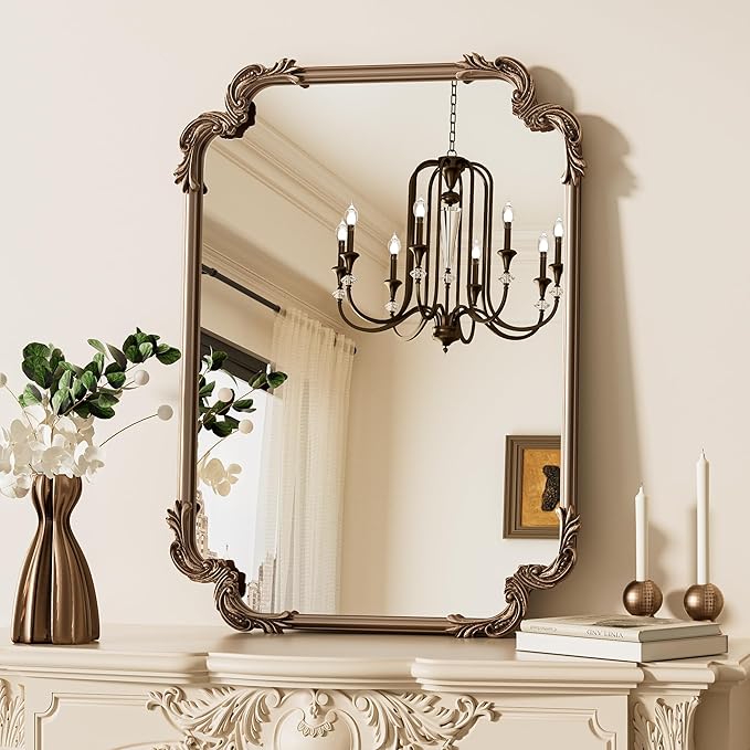 TETOTE Vintage Baroque Gold Rectangle Mirror for Wall 22 x 30 Antique Brass Scroll Rounded Corner Frame French Mantle Mirror for Fireplace Bathroom Living Room Bedroom Decor, Horizontal/Vertical