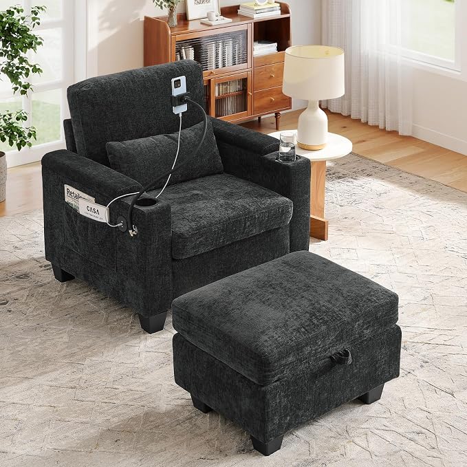 Small Chaise Lounge Chair Indoor with Ottoman&Adjustable Backrest,Chenille Tufted Recliner Comfy Sofa Chair with USB,Phone Holder&Storage Arms,Convertible Sleeper Couch Bed for Living Room(37"W,Black)