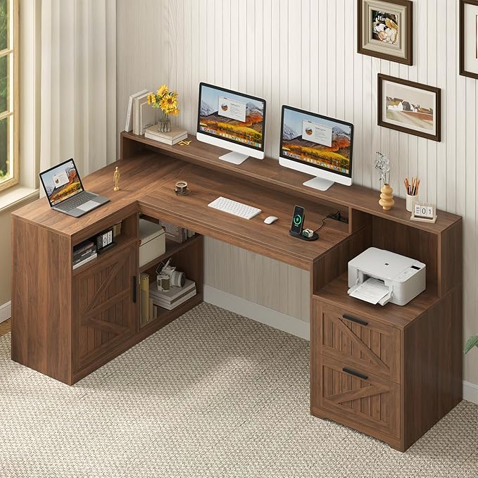 TVU Farmhouse L Shaped Desk with Drawers, 62.2" Home Office Desk with Storage Shelves and Power Outlet, L Shaped Computer Desk with Monitor Stand and Printer Shelf, Brown