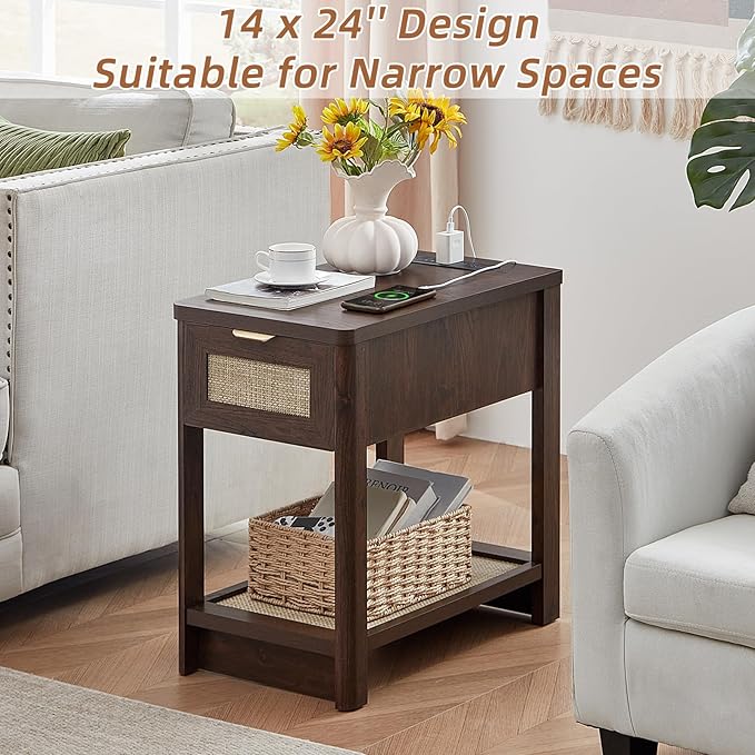 Lerliuo Narrow Night Stand with Charging Station, Boho Nightstand with Drawer, Bed Side End Table with Rattan Shelf for Small Spaces, Wood Nightstands Bedside Tables for Living Room Bedroom