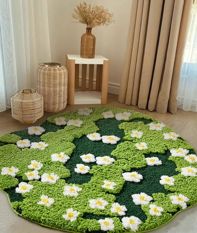 Cute Green Floral Large Bathroom Rugs Bath Mat 3ft Non Slip Washable, Modern Chic Boho Aesthetic Trendy Funky Microfiber Shaggy Tufted Grass Rugs for Bedroom Dorm Nursery Bathroom Kitchen