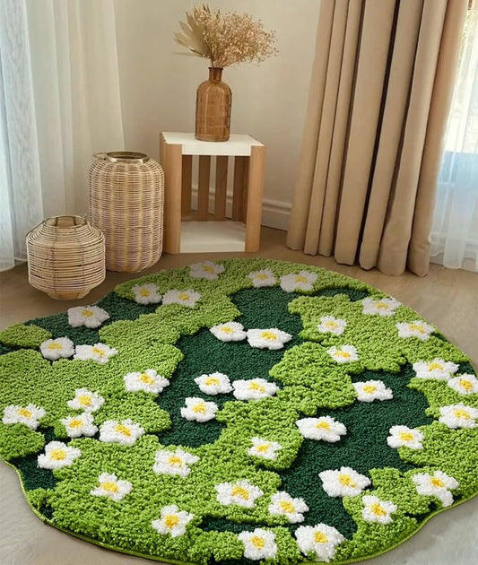 Cute Green Floral Large Bathroom Rugs Bath Mat 3ft Non Slip Washable, Modern Chic Boho Aesthetic Trendy Funky Microfiber Shaggy Tufted Grass Rugs for Bedroom Dorm Nursery Bathroom Kitchen