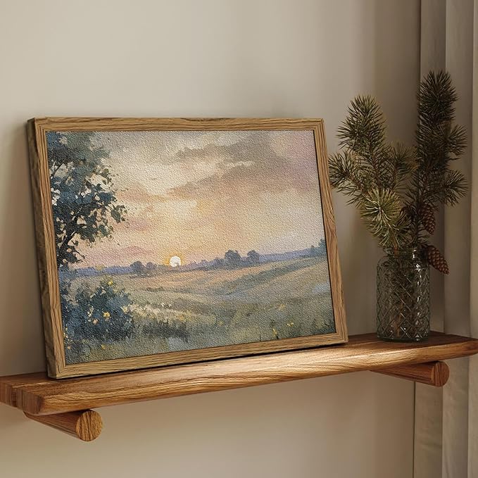 Vintage Sunset Wall Art Rustic Cottagecore Landscape Wall Decor Fall Country Nature Painting Artwork 3D Textured Sandstone for Living Room Bedroom 12x16 Inch Wood Framed