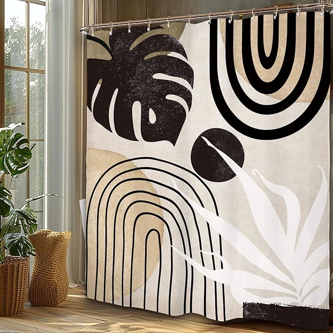 Miyotaa Abstract Black Tan Minimalist Shower Curtain Set 60Wx71H Inches Mid Century Aesthetic Modern Contemporary Plant Leaves Neutral Monstera Waterproof Bathroom Curtain with 12 Hooks