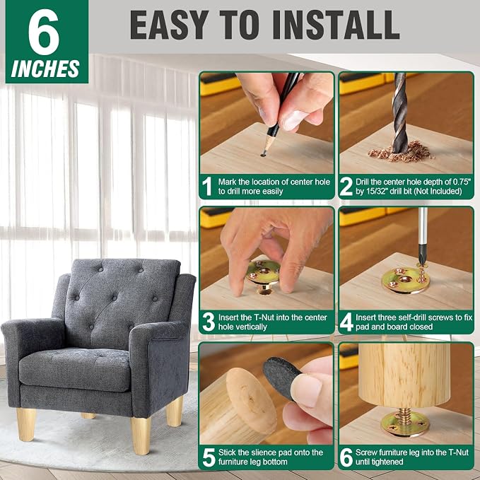 FoDau770 Rubber Wood Furniture Legs 6 Inches, 5/16" UNC Straight Tapered Wood Feet Mid Century Sofa Legs, Wooden Furniture Feet Replacement Parts for Cabinet Couch Dresser Chair Ottoman Table