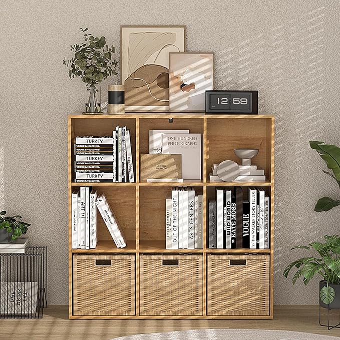 Wooden 9 Cube Storage Organizer with Closed Back Panel,White Cube Shelf Cubby Storage Organizer with Compartments for Living,Bookshelf, Easy to Install (Oak, 9 Cube-11in)