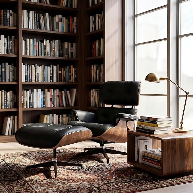Mid Century Chaise Lounge Chair with Ottoman, Top Black Grain Leather, Modern Office Chair Classic Design, Heavy Duty Base Support for Living Room Study Lounge Office