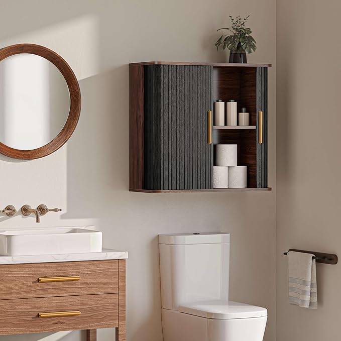 FIMELLO 29.5" W Bathroom Wall Cabinet, Laundry Room Cabinets Wall Mounted with Sliding Tambour Door, Kitchen Wall Cabinet, Floating Cabinet for Wall, Upper Cabinets, Black Walnut
