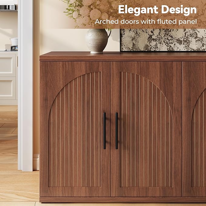 63" Fluted Buffet Cabinet with Storage, Mid-Century Symmetrical Arched Sideboard Credenza with Adjustable Shelf, Large Wood Console Table for Dining Room, Kitchen, and Living Room (Walnut)