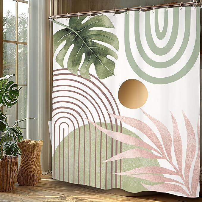 Miyotaa Pink Green Abstract Minimalist Shower Curtain Set 60Wx71H Inches Aesthetic Modern Mid Century Contemporary Plant Leaves Monstera Geometric Waterproof Bathroom Curtain with 12 Hooks
