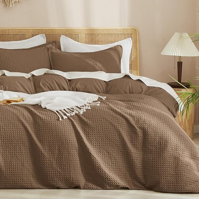 PHF Waffle Duvet Cover Set California King, No Snagging Soft Luxury Textured Breathable Comforter Cover for All Season 3pcs, Durable Bedding Duvet Set with 2 Pillow Shams, 104"x98", Mocha