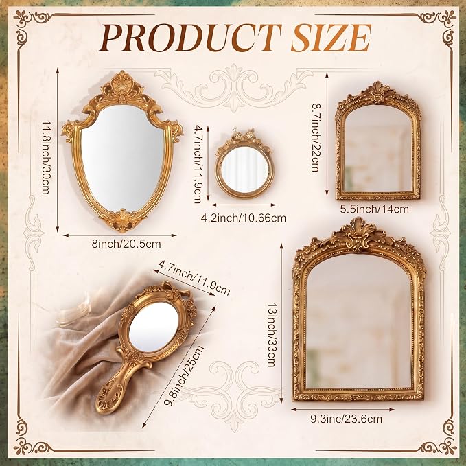 5 Pcs Vintage Gold Mirror Luxury Set Small Gold Mirrors Gallery Wall Mirror Hanging Antique Art Decor for Wall Living Room Entryway Assorted Sizes (13in/8in/7in/4in,Classic Style)