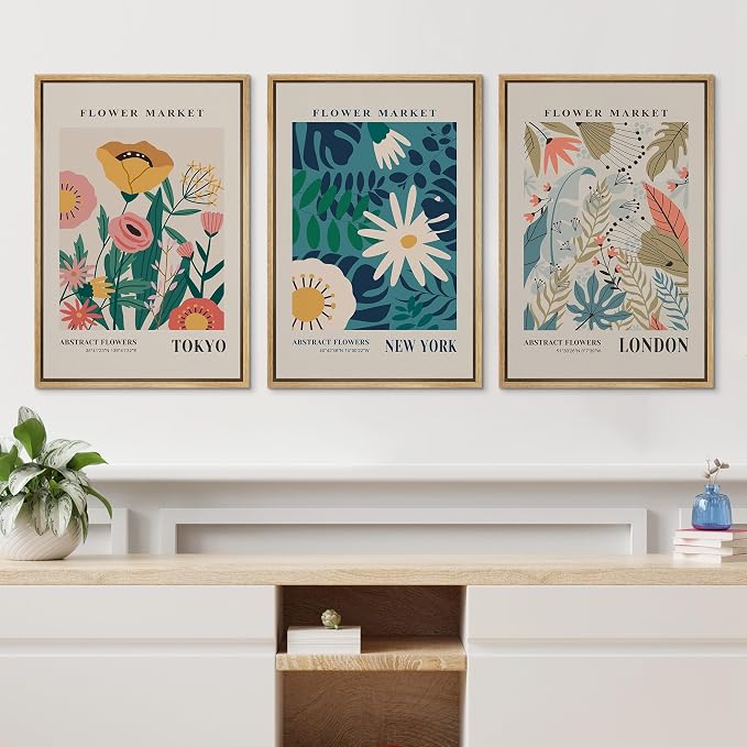 wall26 Framed Canvas Print Wall Art Set Colorful Flower Market Exhibition Prints Nature Wilderness Illustrations Modern Art Decorative Floral Botanical Minimal Calm for Bedroom - 24"x36"x3 Natural