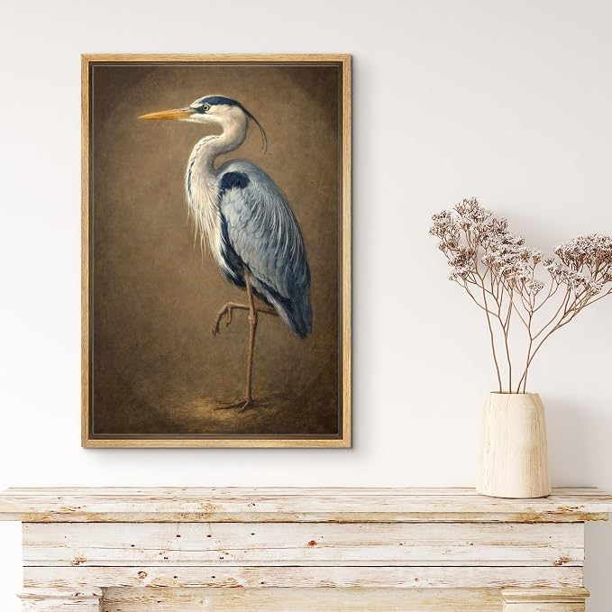 MUDECOR Framed Canvas Print Wall Art Classic Heron Portrait in Vintage Natural Style Illustrations Minimalism Decorative Bohemian Zen for Living Room, Bedroom, Office - 16"x24" NATURAL