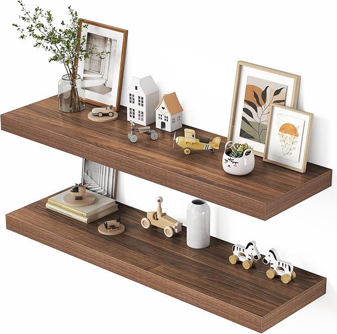 Dreamland 40" Floating Shelves for Wall, 12" Deep Thicker Walnut Floating Shelves, Wall-Mounted Shelves for Bedroom, Living Room, Kitchen, Bathroom - Set of 2