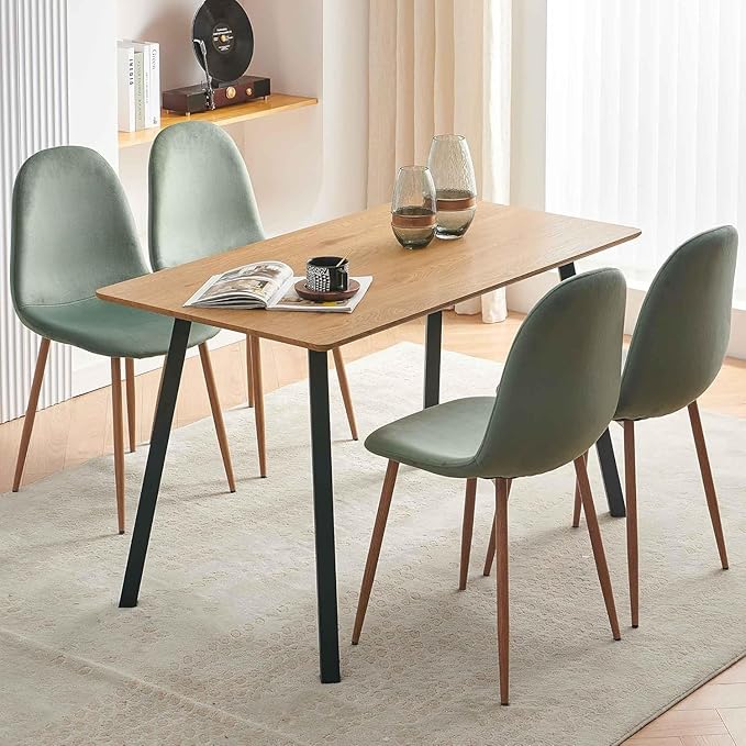 Velvet Dining Chairs Set of 4, Upholstered Dining Room Chairs with Oak Look Foiled Steel Legs, Comfortable Armless Kitchen Chairs for Living Room, Green