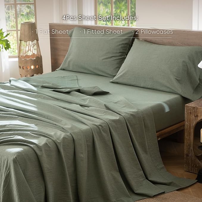MooMee Bedding Sheet Set 100% Washed Cotton Linen Like Textured Breathable Durable Soft Comfy (Heathered Green, Queen)