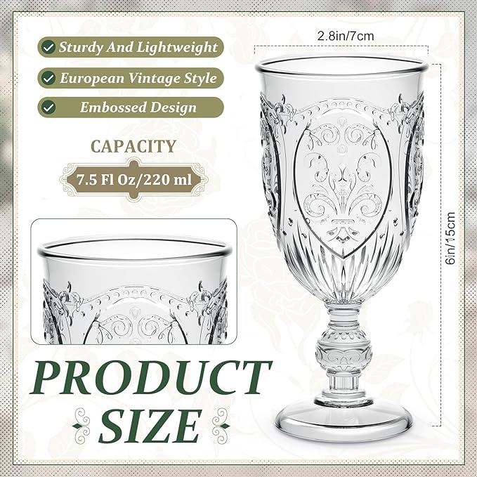 24 Pcs Plastic Goblets 7.5oz Vintage Goblet Plastic Wine Glasses Colored Retro Embossed Water Goblets for Wine Bar Juice Baby Shower Wedding Reception Grand Event Party (Clear)