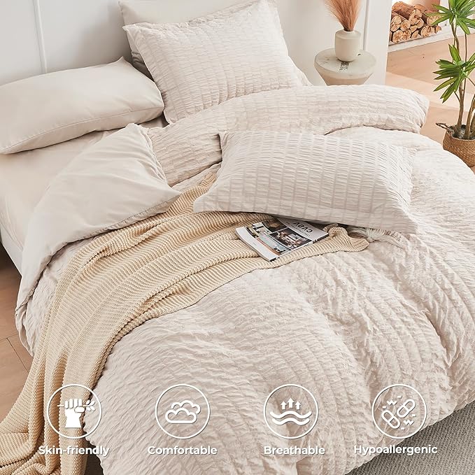 HYMOKEGE Beige Oversized Queen Comforter Set Seersucker 7 Pieces, All Season Luxury Bed in a Bag for Bedroom, Bedding Set with Comforter, Sheets, Pillowcases & Shams