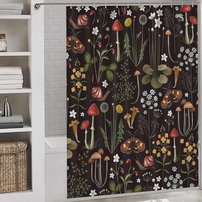 Mushroom Shower Curtain, Retro Wild Floral Botanical Mushroom Floral Moth Cottagecore Nature Plants Leave Herbs Black Farmhouse Waterproof Fabric Bathroom Shower Curtain Set with Hooks, 72"x84" Inch